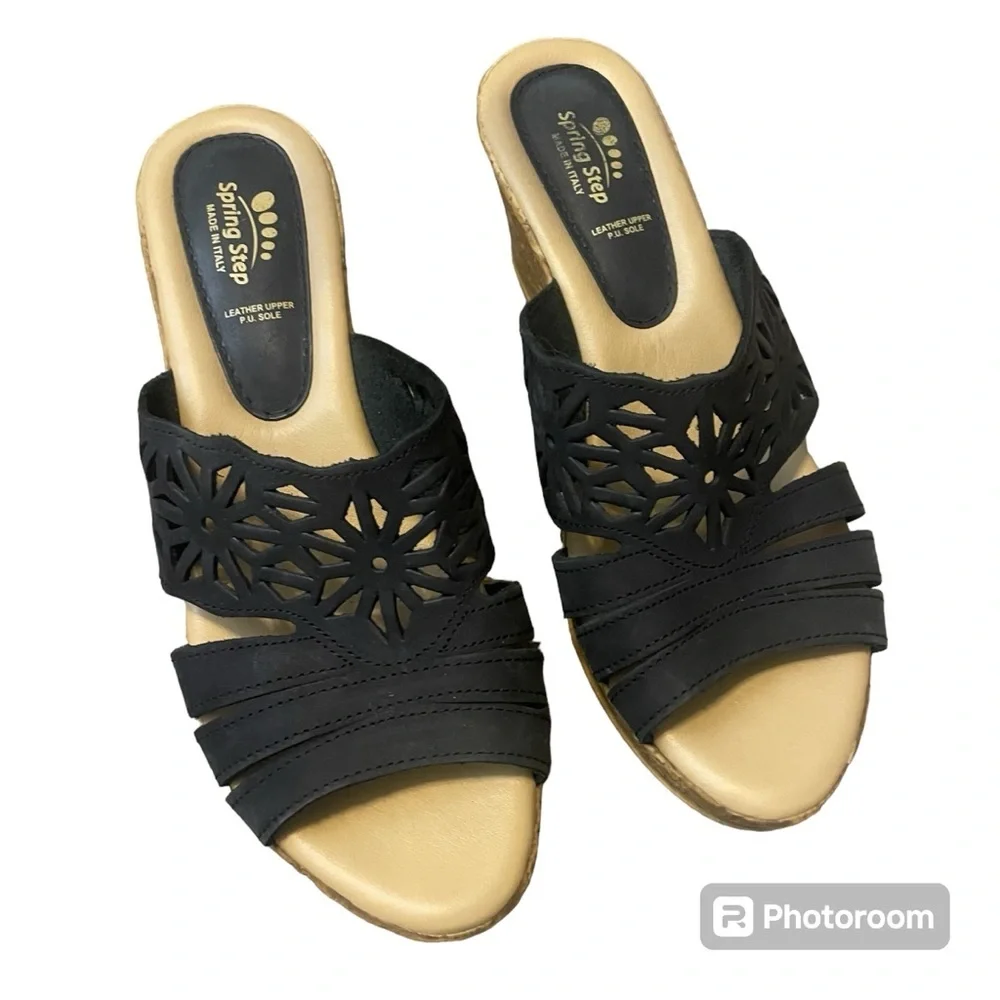 Spring Step Estella Black Leather Nubuck Wedge Slide Sandals
